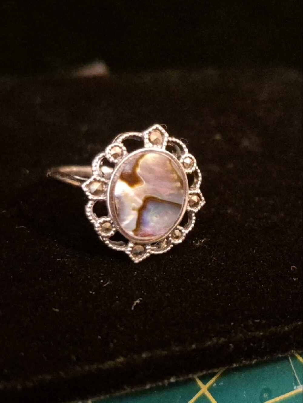 Vintage 925 Sterling Silver Abalone Shell Ring Sz 5 Iridescent Blue-Green